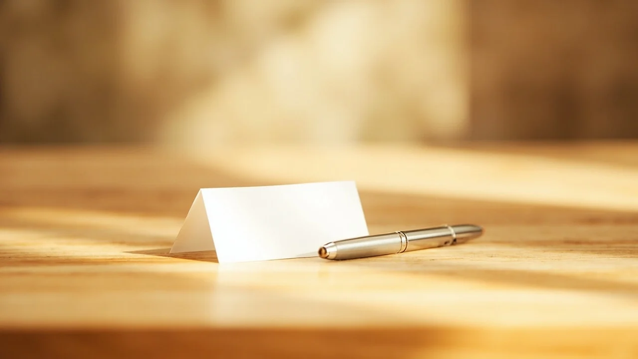 Etiqueta de nome em branco sobre uma mesa.