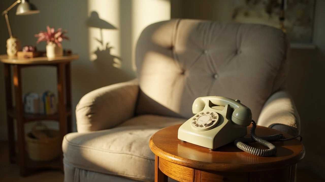 Telefone antigo em um ambiente terapêutico acolhedor.