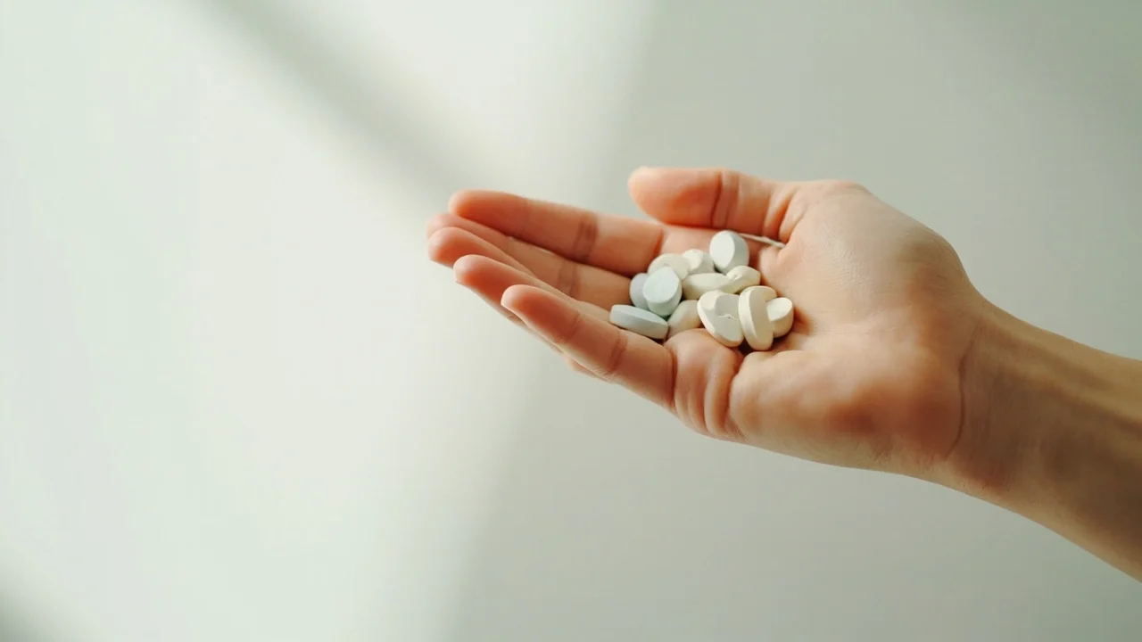 Medicamentos em uma mão, sem rótulos visíveis.