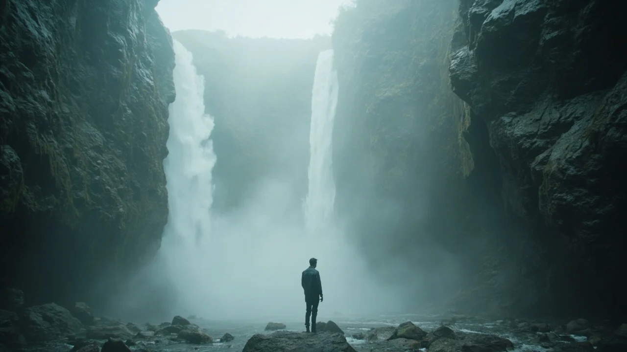 Pessoa diante de uma queda de água em paisagem natural.