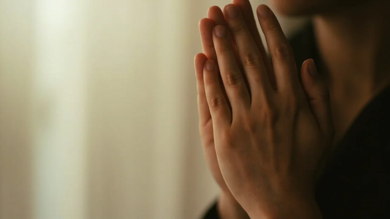 Mãos em gesto de oração ou recolhimento.