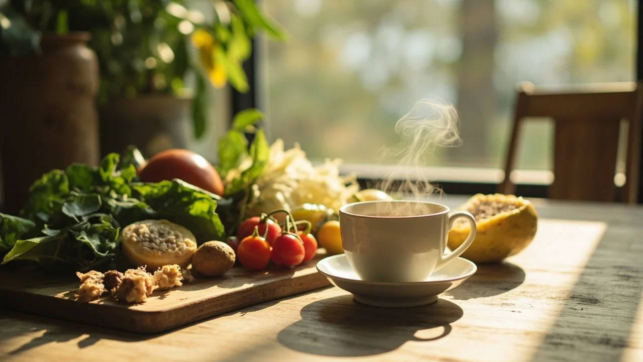 Alimentos naturais em uma mesa, sugerindo saúde corporal.