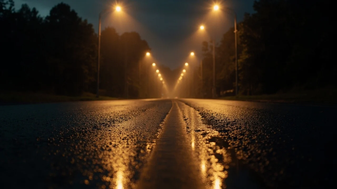 Estrada calma após chuva, sugerindo cuidado e segurança.