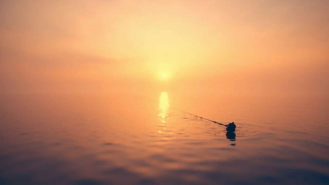 Vara de pesca ao pôr do sol, simbolizando passatempo.