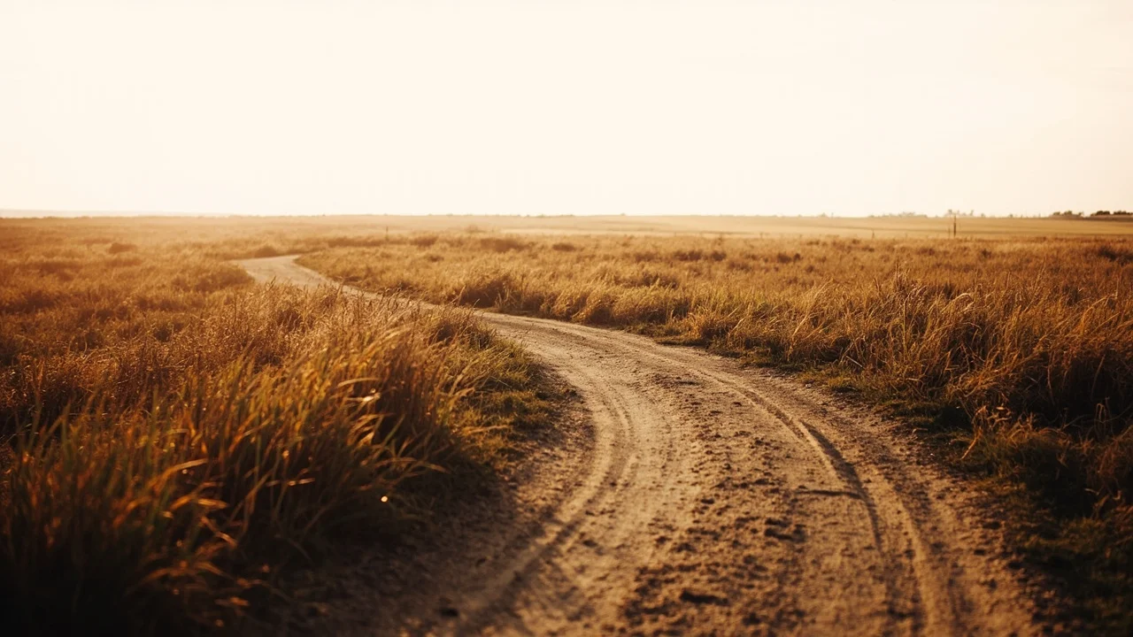 Um caminho gasto através de um campo de outono tranquilo, luz suave, continuando até a distância