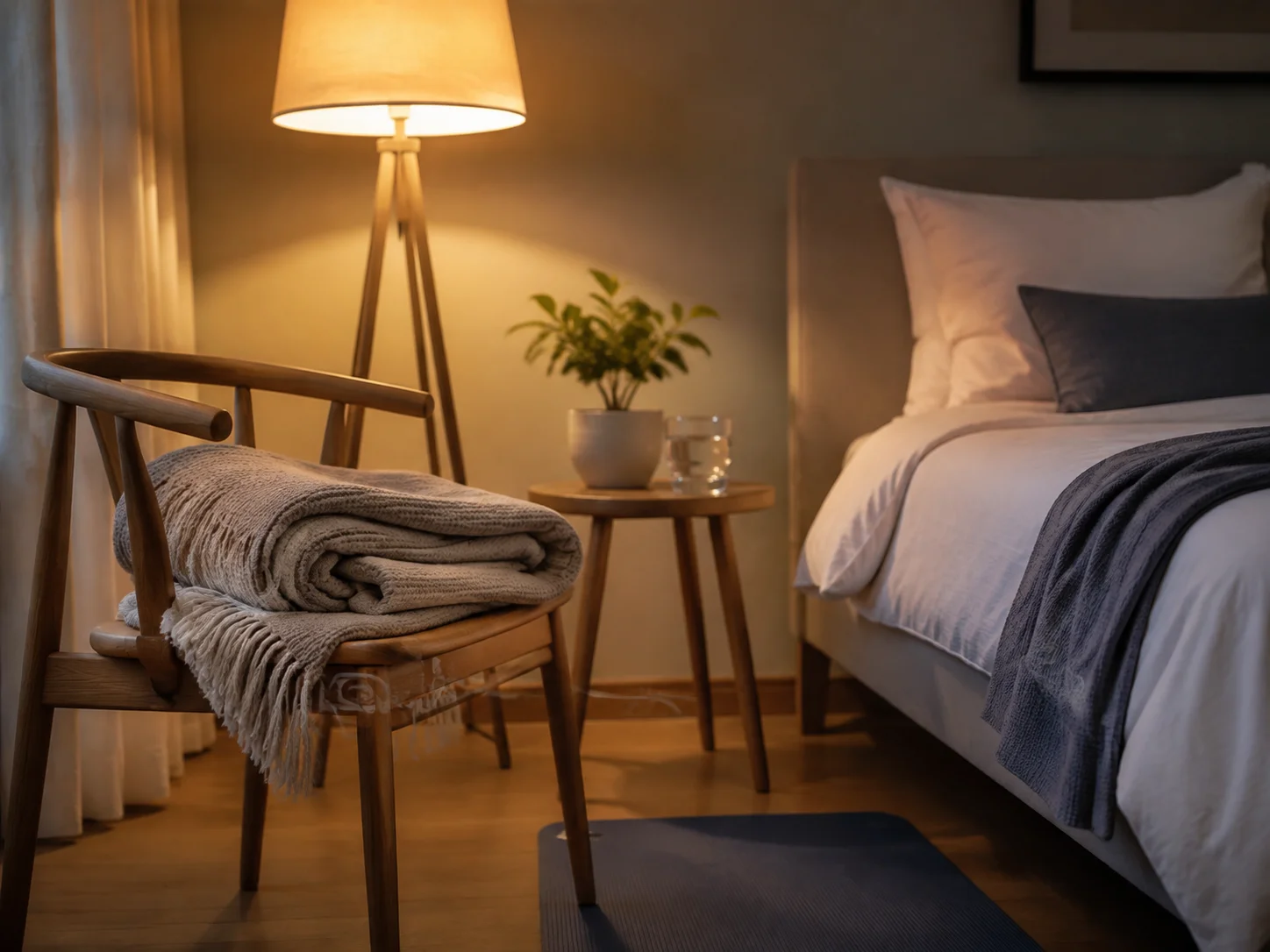 Pessoa sentada confortavelmente em uma poltrona ao lado da cama, olhos fechados, mão no peito e luz quente suave.