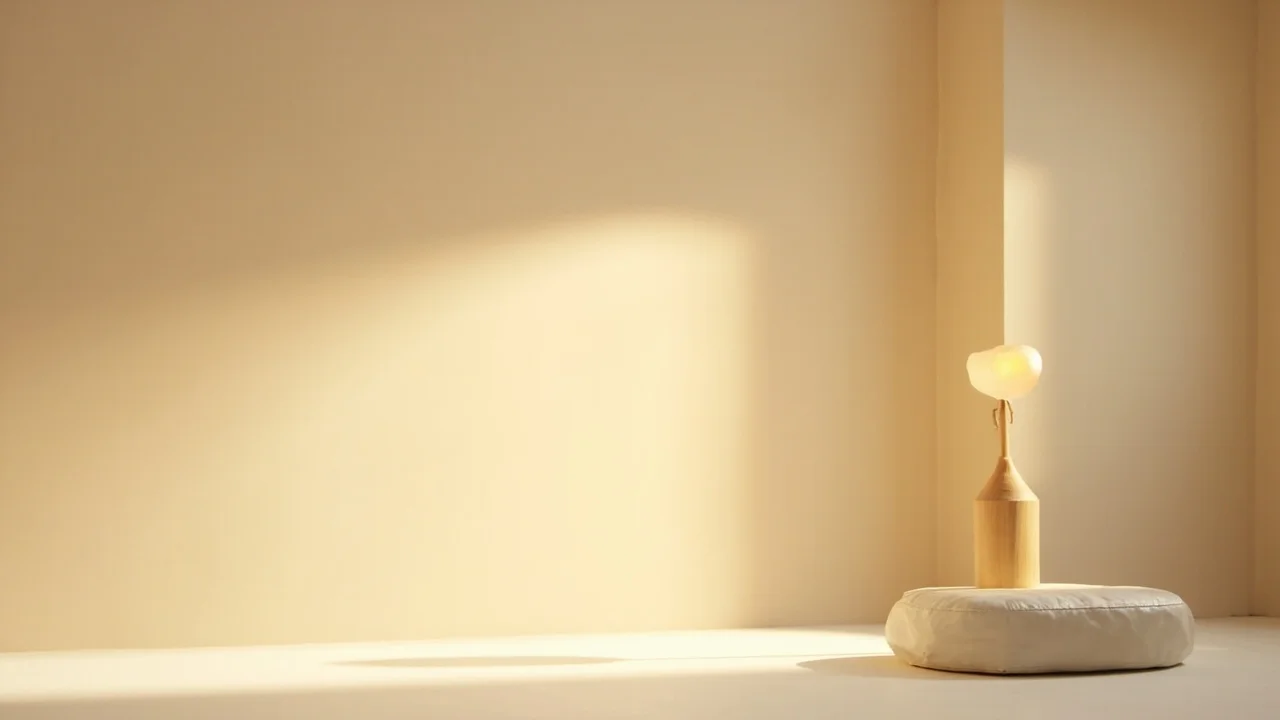 Uma sala pouco iluminada com um único abajur projetando sombra suave, quieta e discreta, sem texto, sem diagramas, sem rótulos