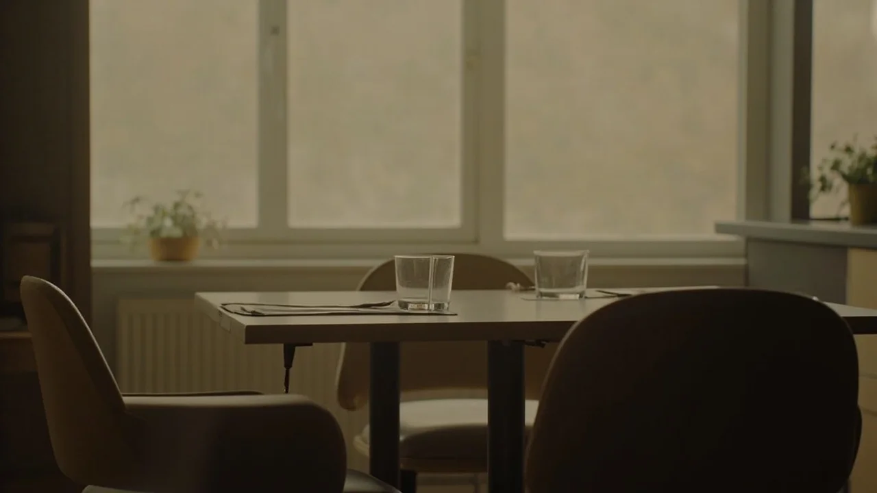 A quiet dining table set for two in soft natural light, a calm kitchen behind it, no people, no text