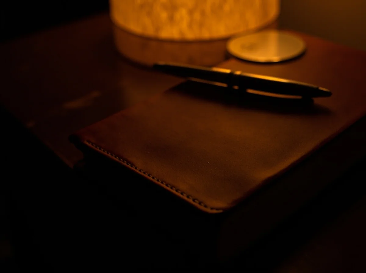 Um caderno de capa de couro fechado com uma caneta em cima, sobre um criado-mudo de madeira, luz noturna quente e suave, sem pessoas.