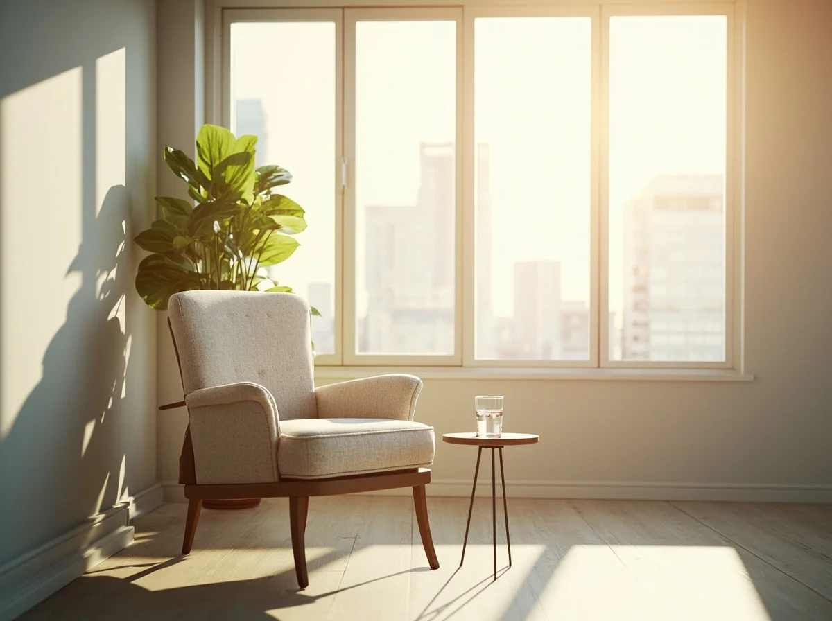 Uma poltrona de consultório vazia junto a uma mesa lateral com um copo de água, janela grande com luz suave do dia e uma planta no canto, sem pessoas.