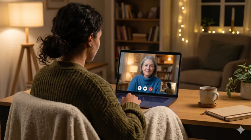 Pessoa em sessão de hipnoterapia online por videochamada em casa