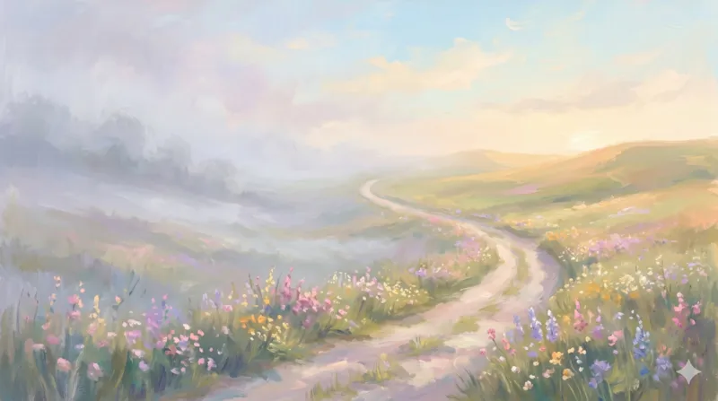Caminho saindo da neblina para a luz do sol