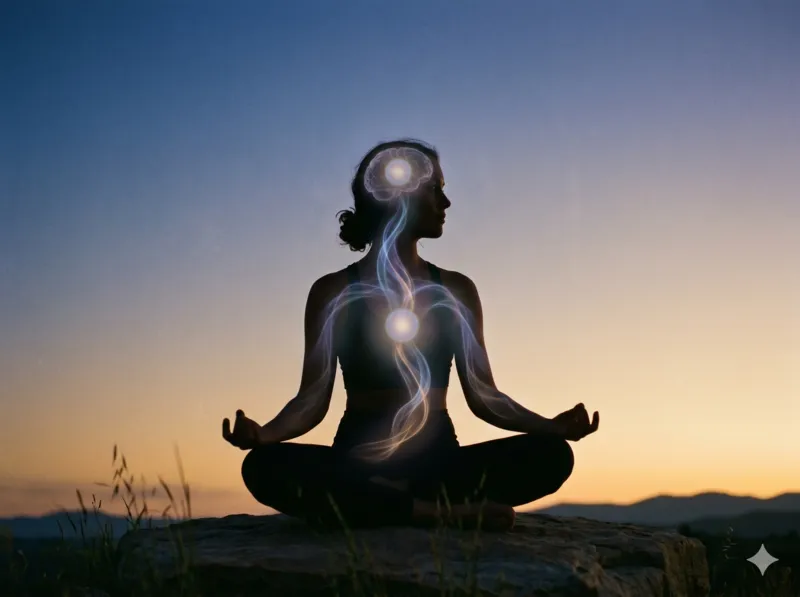 Pessoa meditando com conexão entre coração e cérebro
