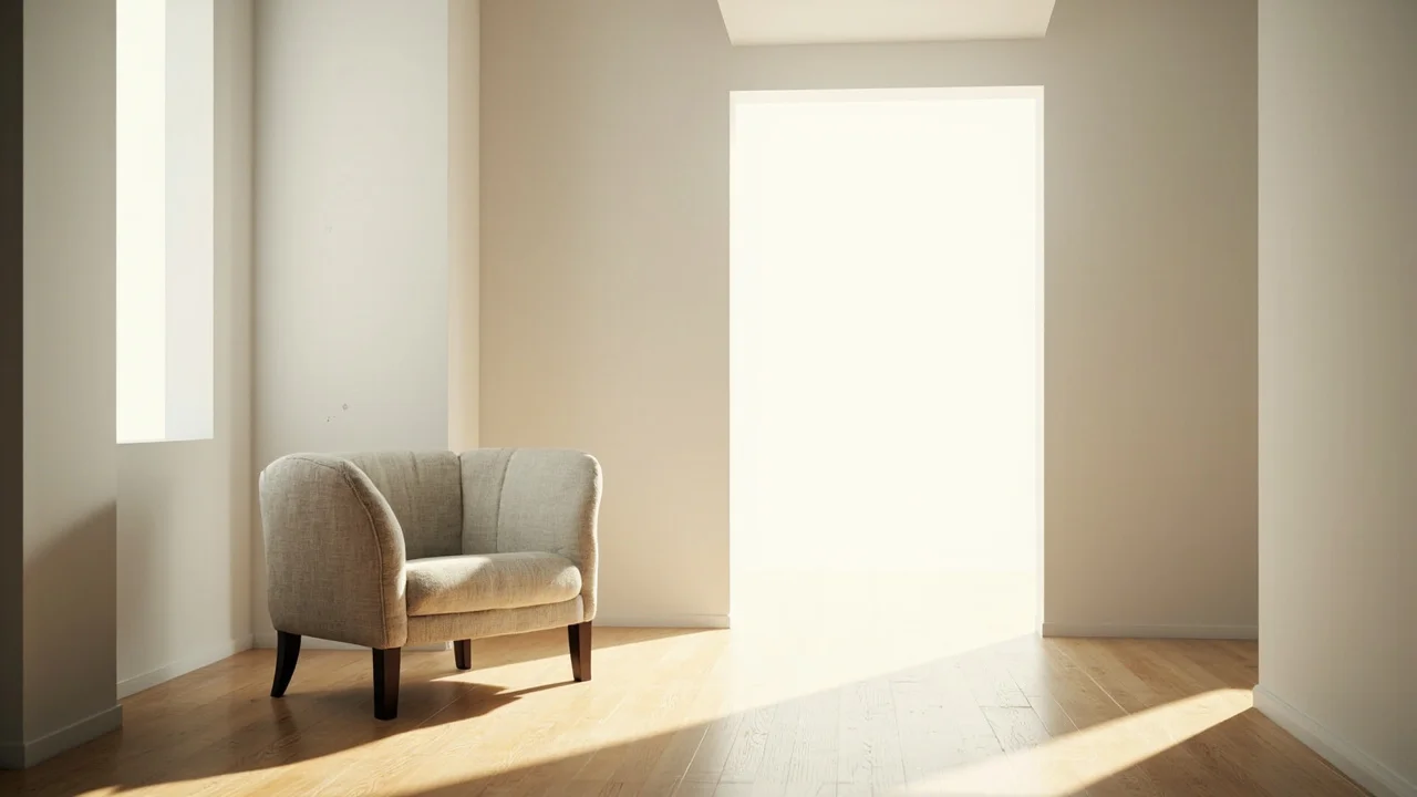 Uma poltrona única ao lado de uma janela com luz calma do dia, um caminho claro até uma porta aberta