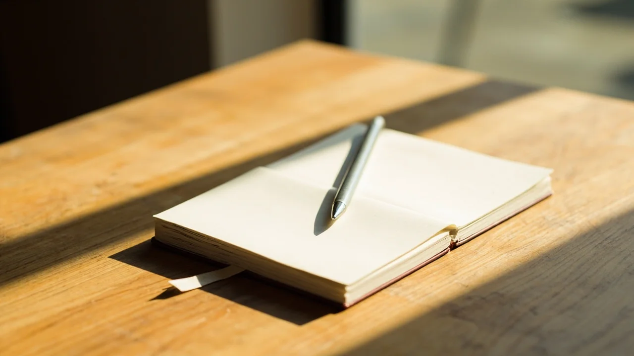 Um caderno aberto com páginas em branco e uma caneta sobre uma mesa de madeira, luz da manhã