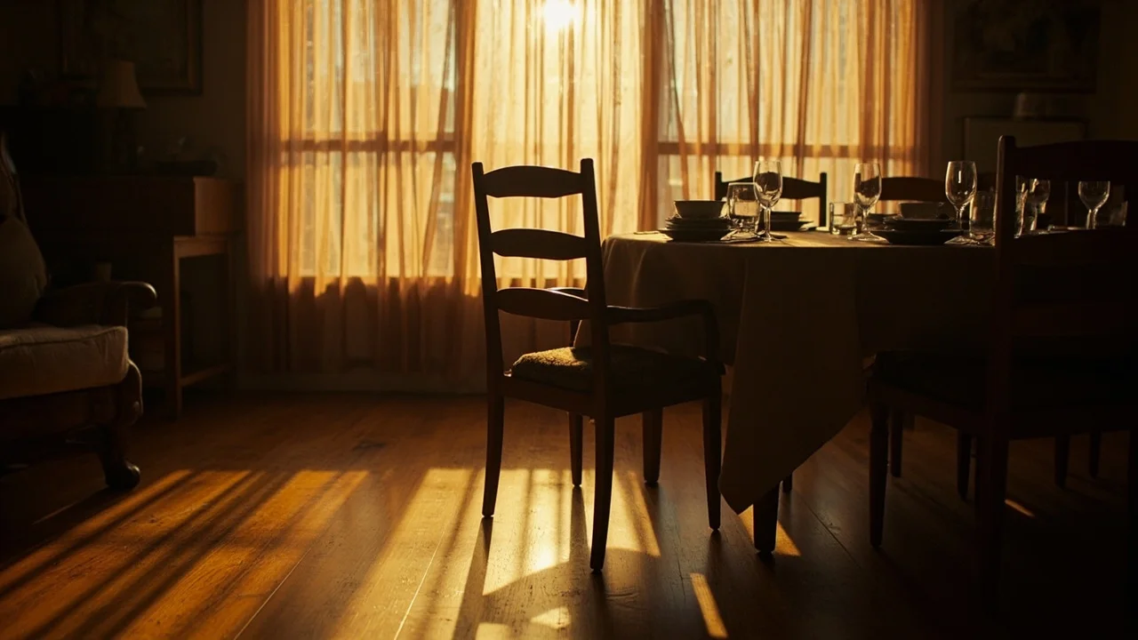 Uma cadeira vazia na cabeceira de uma mesa de jantar em família, luz suave de fim de tarde, quieta e sem resolução
