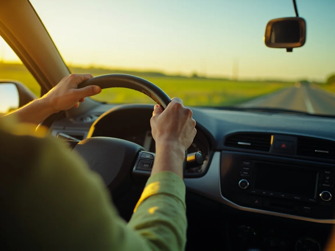 Mãos relaxadas no volante durante um trecho tranquilo numa estrada aberta, luz natural do fim de tarde