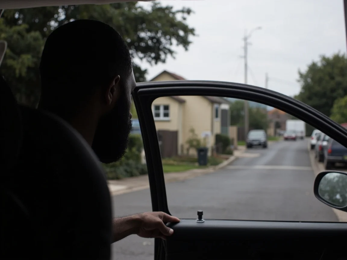 Motorista parado junto à porta do carro, na garagem, observando uma rua tranquila antes de sair