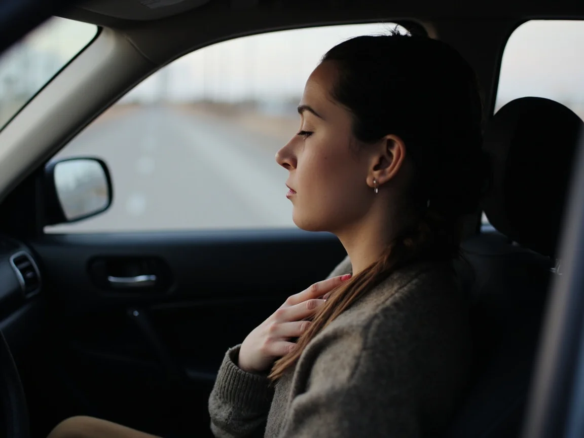 Pessoa sentada no carro parado, com a mão no peito, praticando respiração calma antes de dirigir