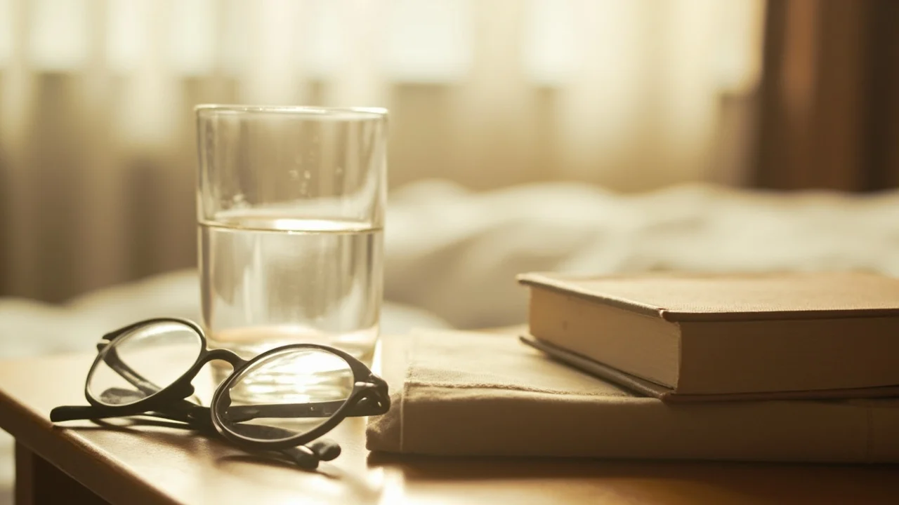 Folded reading glasses resting on a closed book beside a glass of water on a bedside table in soft morning light.