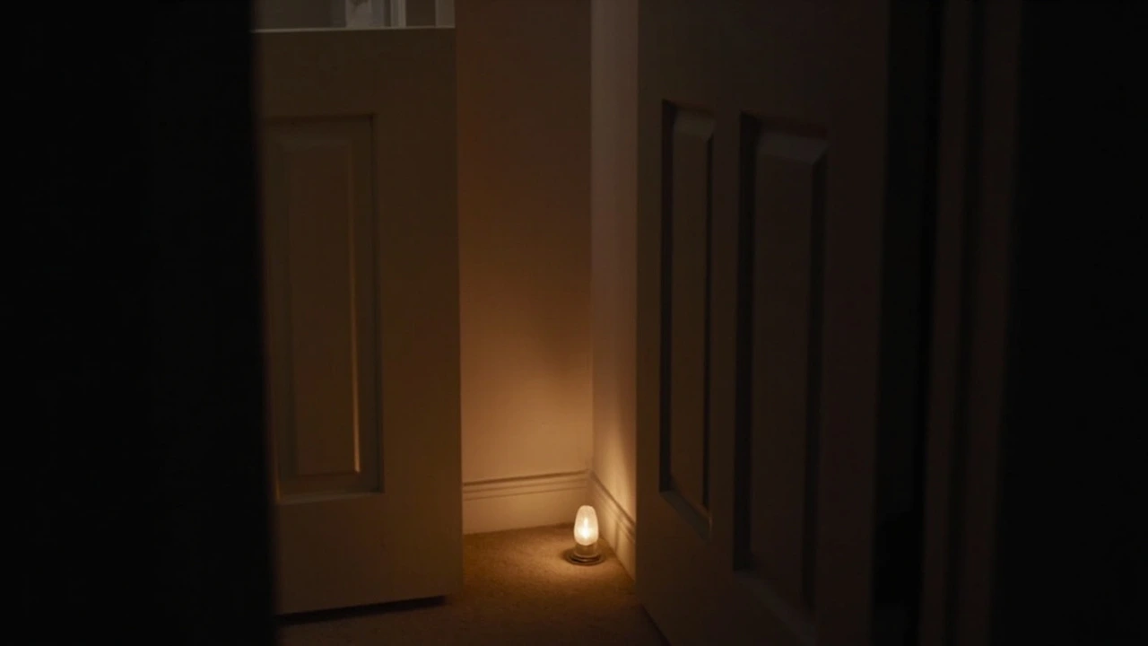 A plug-in night light glowing on the floor by the skirting board, seen from a bedroom doorway at night, with the landing in low light.
