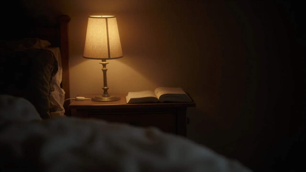 A lit bedside lamp and an open book lying face-down on a bedside table, with the bed in the foreground and the rest of the room in shadow.