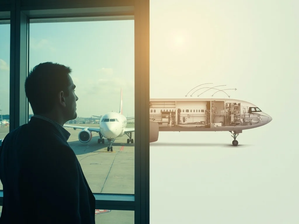 Pessoa no portão de embarque olhando um avião estacionado, ao lado de uma silhueta de avião com setas de turbulência.