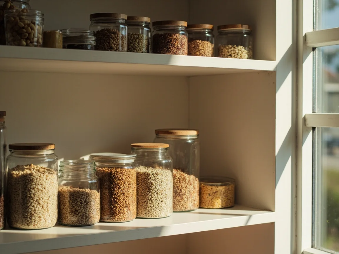 An organised pantry shelf with labelled jars and a shopping list pinned to the door, no people.