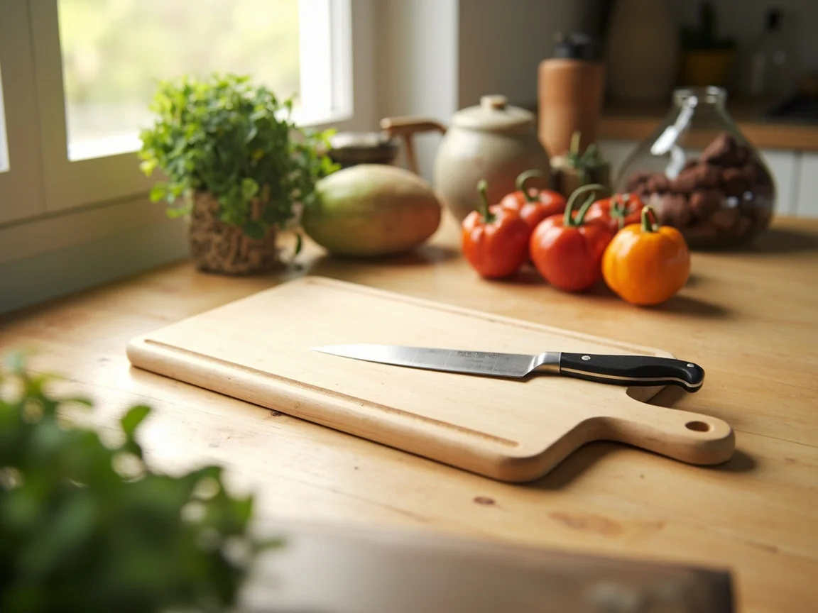 A kitchen table with an empty chopping board, a knife and fresh vegetables beside it, natural morning light.