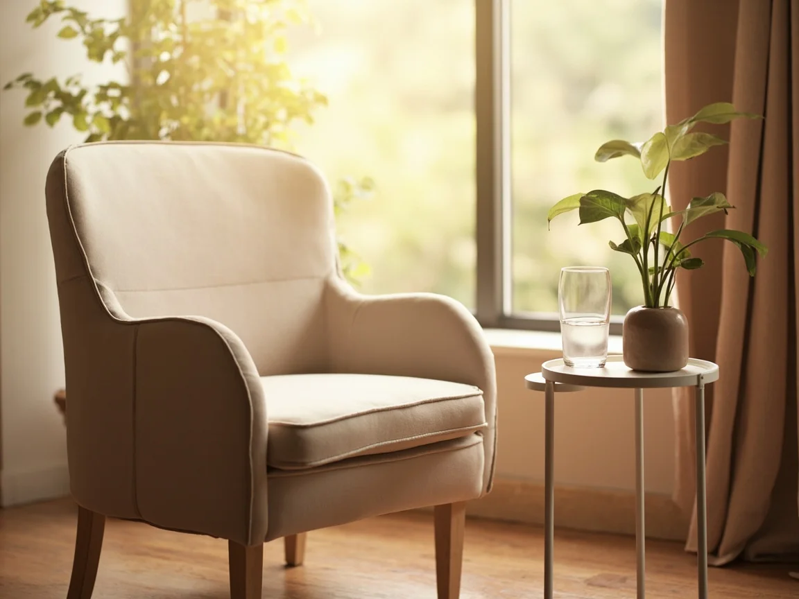 An empty therapy chair beside a window with soft light, a side table holding a glass of water, no people.