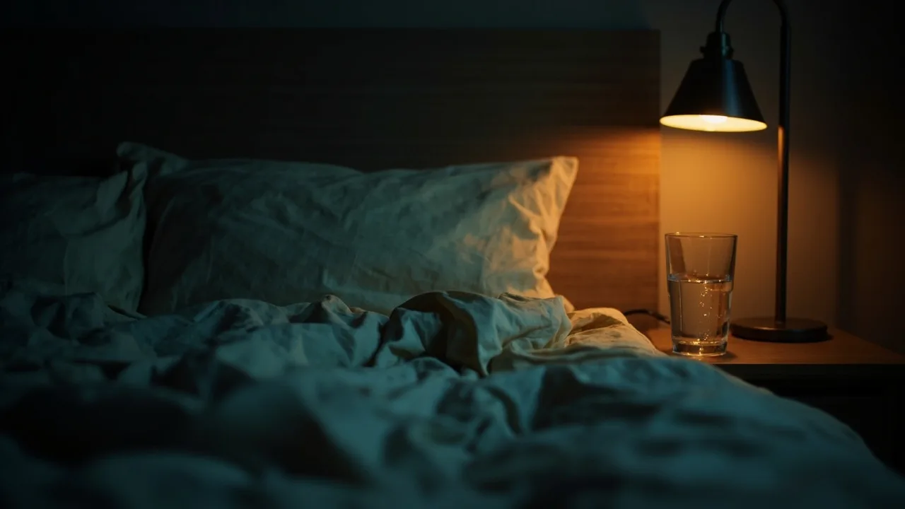 A quiet bedroom with a small lamp on near the bed, no people and no text