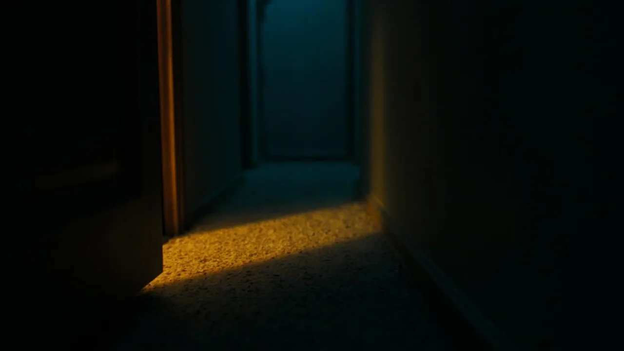A domestic hallway with soft light coming from an open door, calm atmosphere, no people and no text