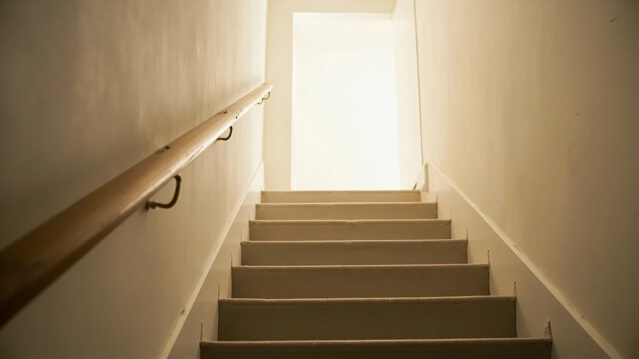 Uma escada interna com corrimão de madeira subindo em direção a um patamar iluminado por luz suave, sem pessoas, sem texto