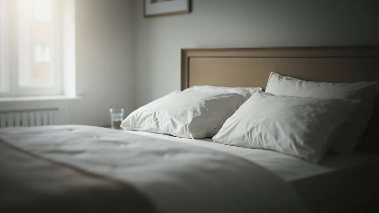 Um quarto tranquilo em luz suave da manhã, uma cama com duas travesseiros e um copo de água na mesa de cabeceira, sem pessoas, sem texto