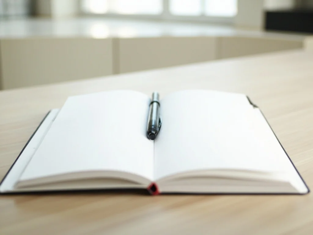 Caderno aberto em branco sobre uma mesa clara com uma caneta preta pousada no vinco, luz suave de janela.