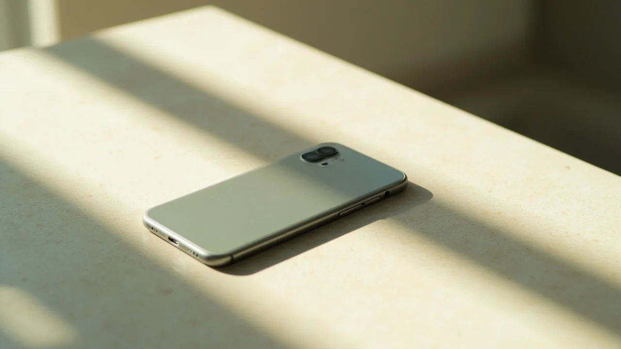 Um celular descansando virado para baixo em uma mesa simples com luz natural suave, deliberadamente deixado de lado com a tela virada para longe