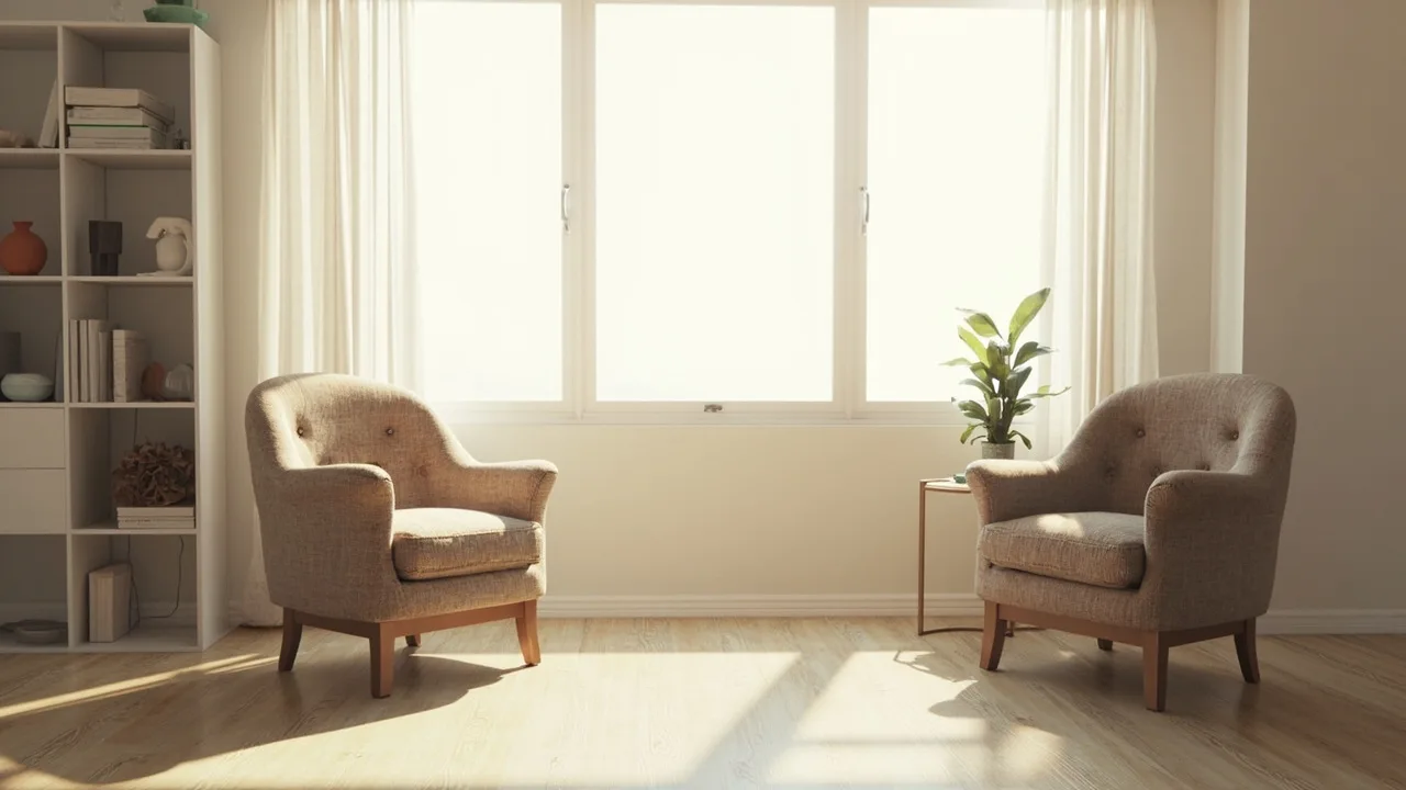 Duas poltronas voltadas uma para a outra numa sala de consultório tranquila, com luz natural