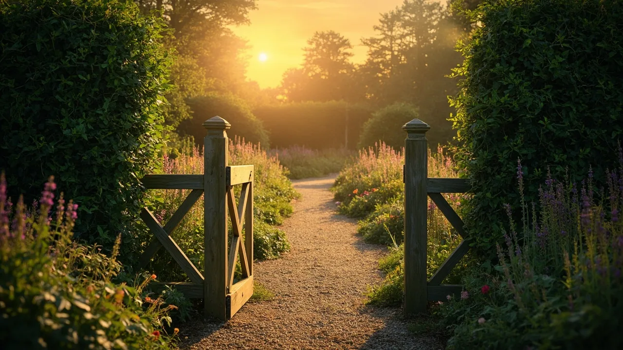 Um portão de madeira aberto para um caminho de jardim ao entardecer