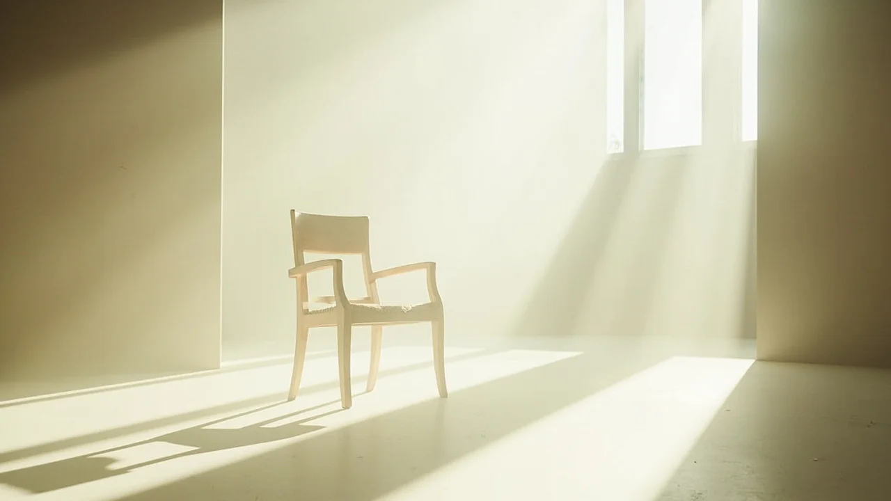 Uma cadeira vazia perto de uma janela com luz suave, tranquila e não sofrida