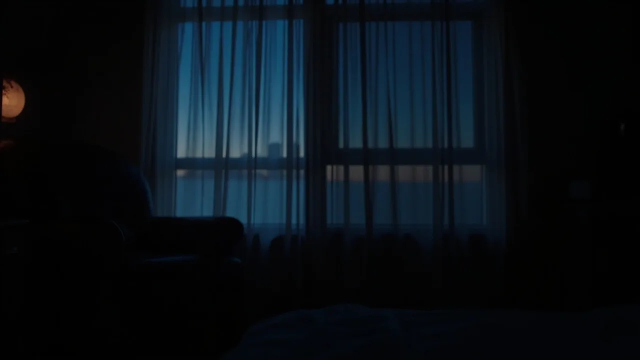 Poltrona vazia ao lado de uma janela à noite, cortinas semiabertas, ambiente silencioso de quarto.