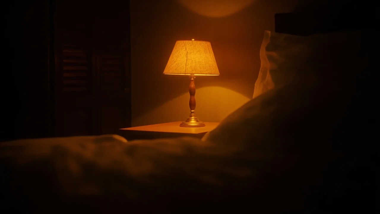 Um quarto suavemente iluminado à noite com um abajur brilhando suavemente, calmo e tranquilizador