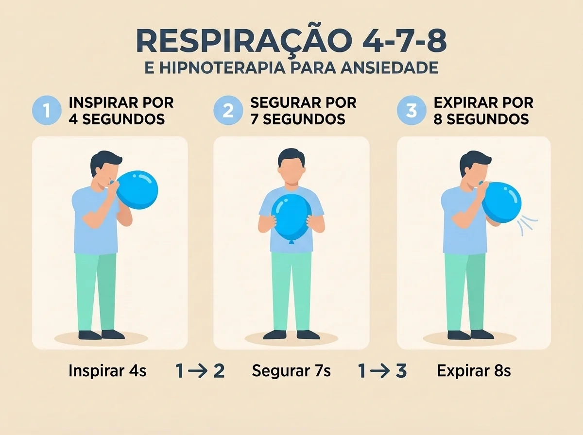 Diagrama da técnica de respiração 4-7-8 usada em hipnoterapia para ansiedade: inspirar por 4 segundos, segurar por 7 segundos, expirar por 8 segundos