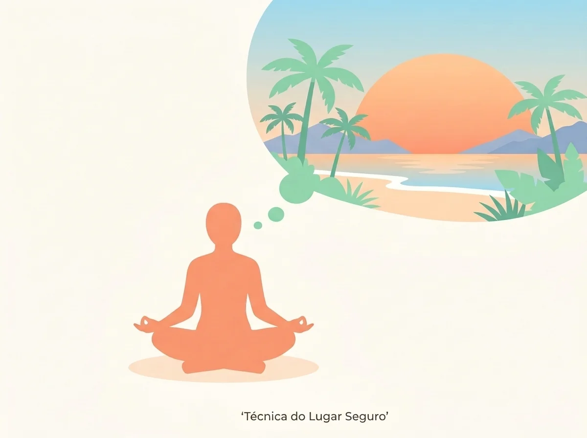 Diagrama da técnica do lugar seguro em hipnoterapia: visualização de um refúgio interno pacífico, usado para reduzir ansiedade e acalmar o sistema nervoso
