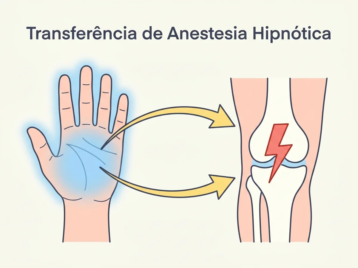 Diagrama da técnica de anestesia de mão em hipnoterapia para dor crônica: a dormência induzida hipnoticamente em uma mão é transferida mentalmente para a área do corpo com dor