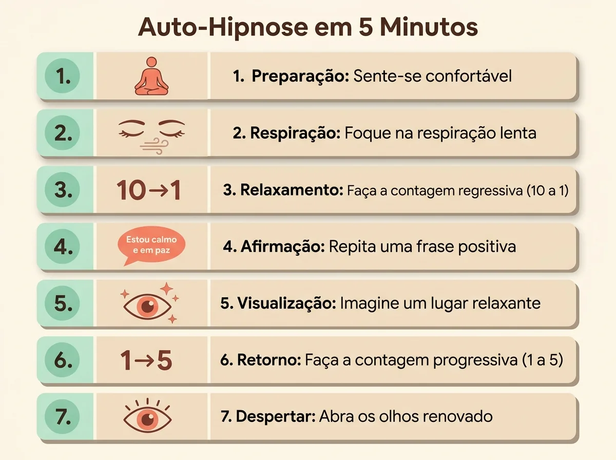 Diagrama com 7 passos da técnica básica de auto-hipnose em 5 minutos: sentar, fechar olhos, contar de 10 a 1, repetir frase-alvo, visualizar, contar de 1 a 5, abrir olhos