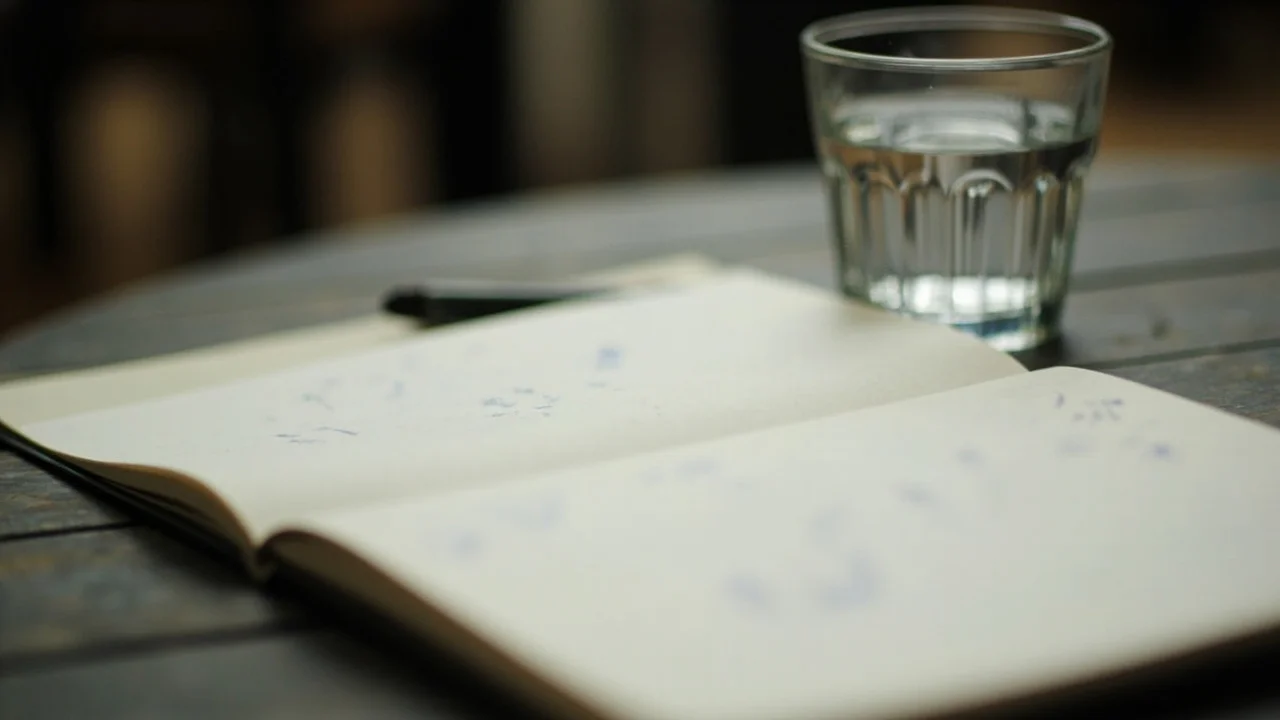 Vista próxima de um caderno em branco e um copo de água sobre uma mesa pequena após uma conversa reflexiva, luz natural suave, sem texto legível, sem escrita, sem logotipo