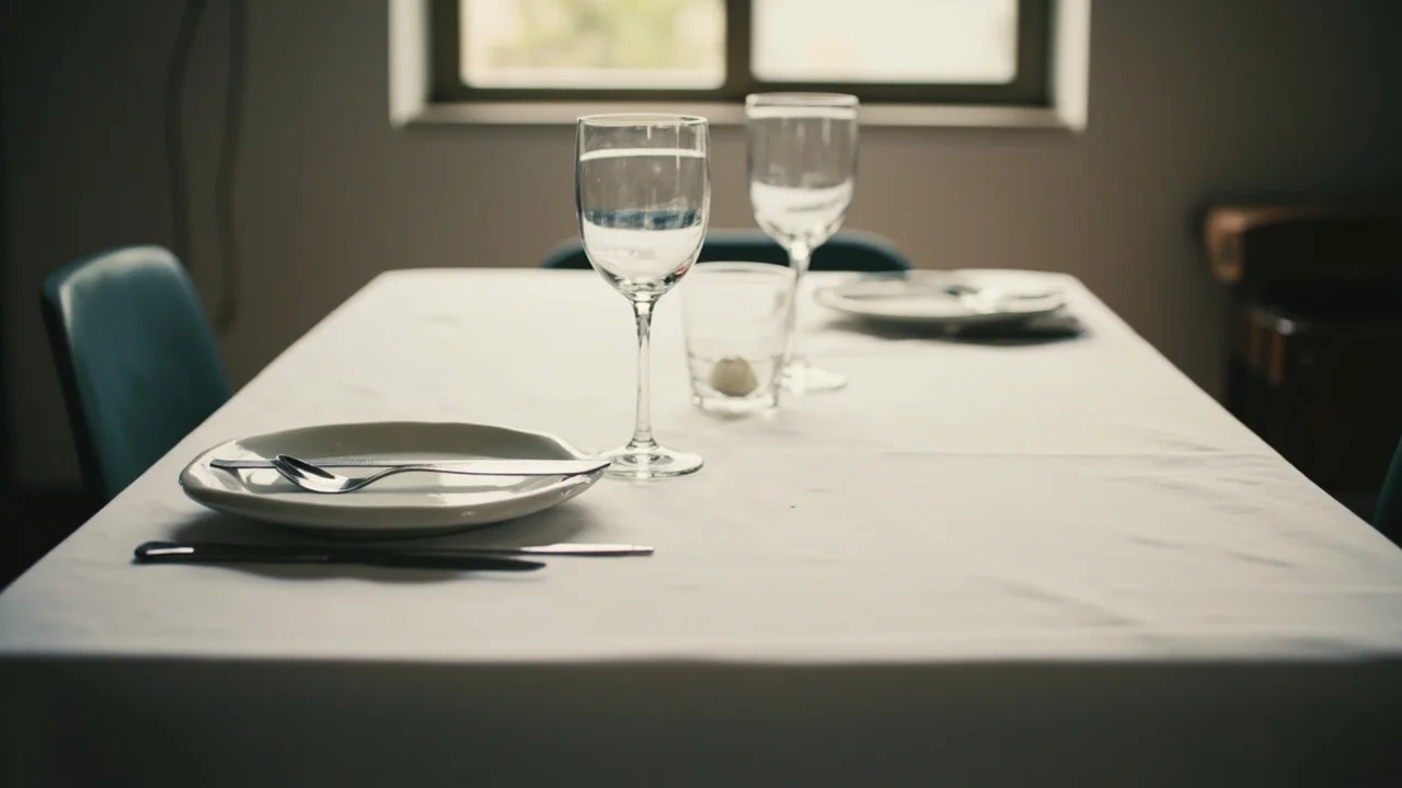 Mesa de jantar vazia com dois lugares levemente desalinhados, luz natural suave, tensão de relacionamento sugerida de forma sutil, sem pessoas, sem texto, sem rótulos