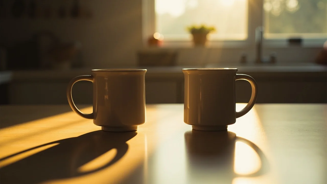 Duas canecas de cerâmica posicionadas afastadas em uma mesa de cozinha, luz da manhã, distância emocional sugerida sem conflito, sem pessoas, sem texto, sem rótulos, sem iluminação dramática