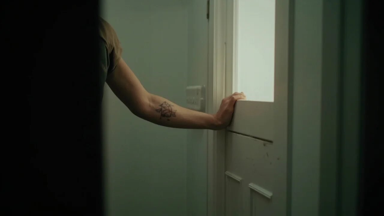 Mão próxima de uma porta fechada com luz suave de outro cômodo, clima calmo e voltado para segurança, sem rosto visível, sem marcas, sem agressão, sem texto, sem rótulos