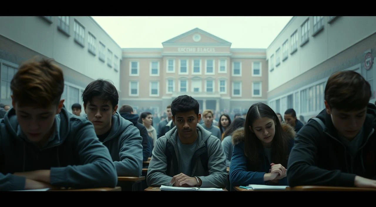 A bustling academic setting, with students navigating the pressures of social and scholastic expectations. In the foreground, a group of teenagers sit hunched over their desks, expressions troubled as they grapple with the weight of their workload. The middle ground reveals a crowded hallway, filled with a cacophony of voices and the hurried movements of their peers. In the background, an imposing school building looms, its towering presence symbolizing the institutional demands placed upon the young protagonists. Soft, muted lighting casts shadows that accentuate the tension and stress etched upon their faces, while a hazy, atmospheric quality evokes the sense of overwhelming pressure they experience.